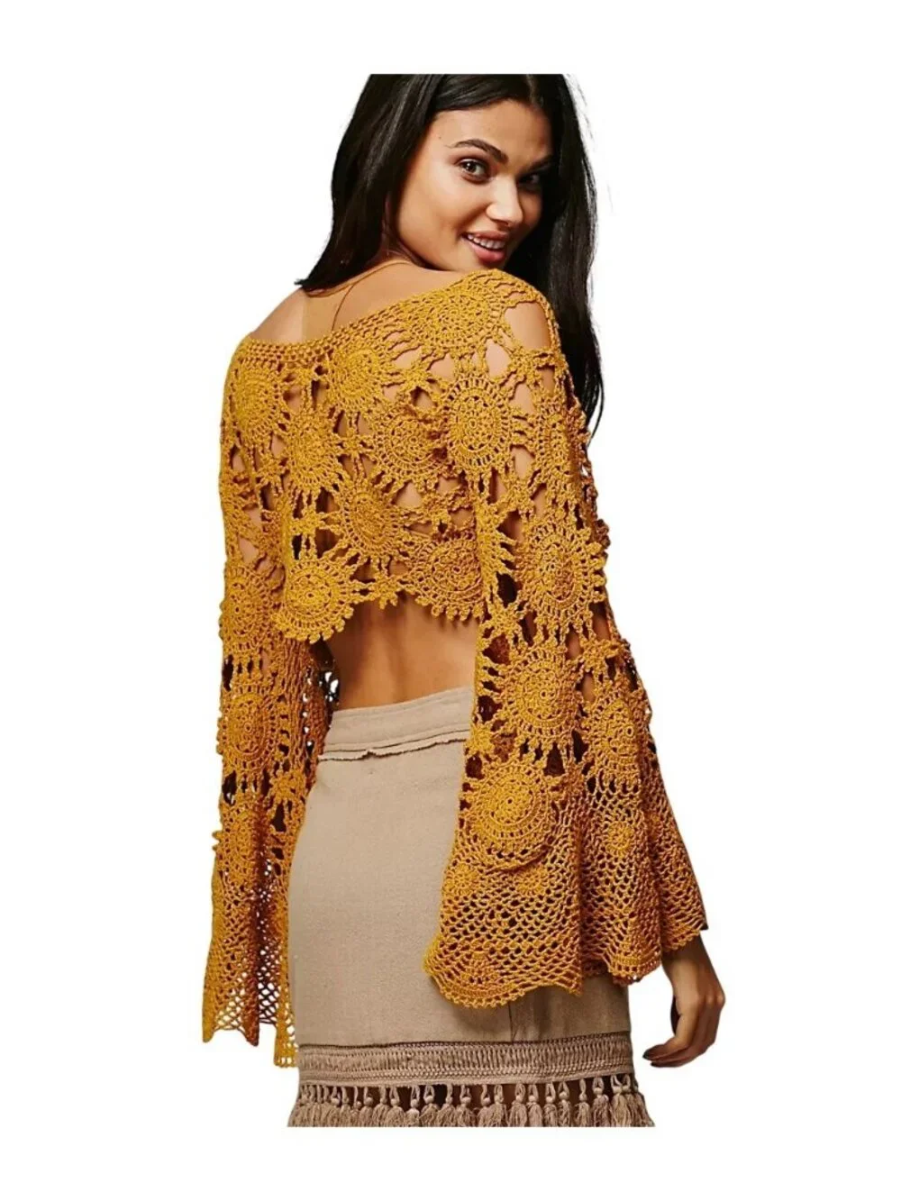 Free People Sunchaser Crochet Top Large Long Bell Sleeve Golden Rod Hippie Chic